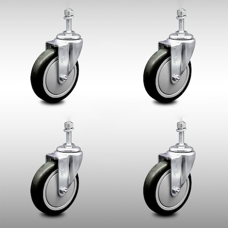 Service Caster 5 Inch SS Black Polyurethane Wheel Swivel 10mm Threaded Stem Caster Set SCC SCC-SSTS20S514-PPUB-BLK-M1015-4